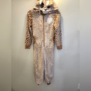 Youth Size M (10-12) Fleece Deer Onesie Winter, Beige/White with Cap